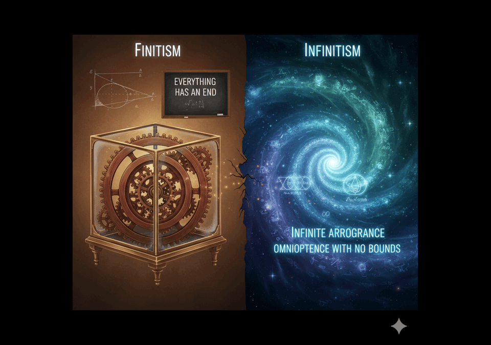 Finitism vs. Infinitism philosophical debate, contrasting bounded mechanical gears with an unbounded cosmic spiral, representing the arguments for and against the existence of infinity