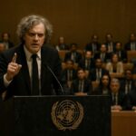 Philosopher Gentry Xavier delivers his Multiverse Pull Theory speech at the United Nations General Assembly podium.