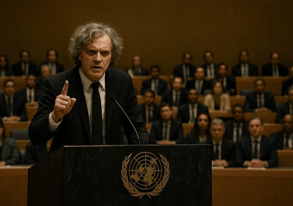 Philosopher Gentry Xavier delivers his Multiverse Pull Theory speech at the United Nations General Assembly podium.