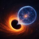 Digital artwork of a black hole releasing a glowing cosmic bubble filled with stars and galaxies