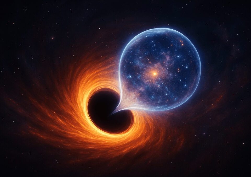 Digital artwork of a black hole releasing a glowing cosmic bubble filled with stars and galaxies