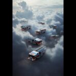 Surreal red firetrucks floating among fluffy white clouds in a blue sky, symbolizing illusory patterns in physics and simulation theory