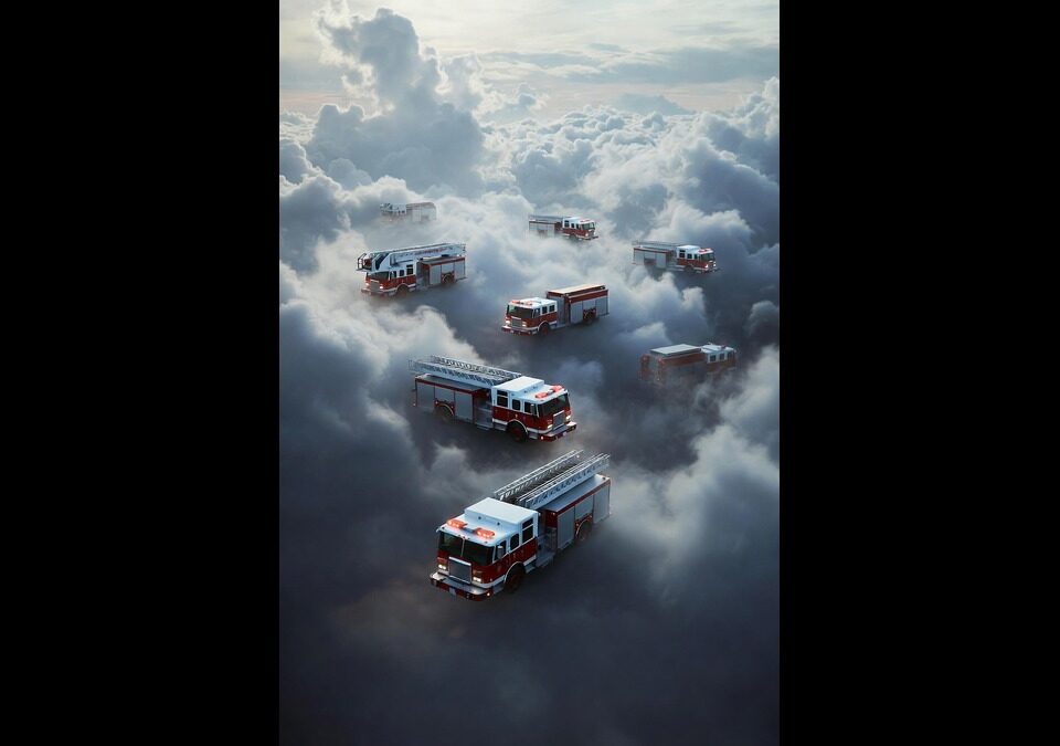 Surreal red firetrucks floating among fluffy white clouds in a blue sky, symbolizing illusory patterns in physics and simulation theory