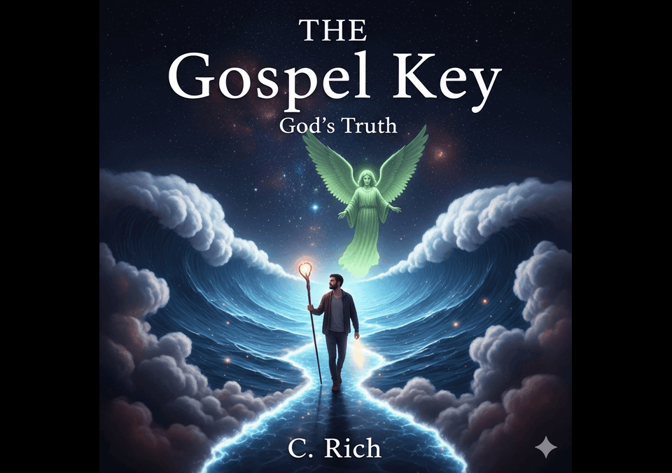 "Book cover for 'The Gospel Key' by C. Rich, a philosophical science fiction novel about the meaning of life and AI."