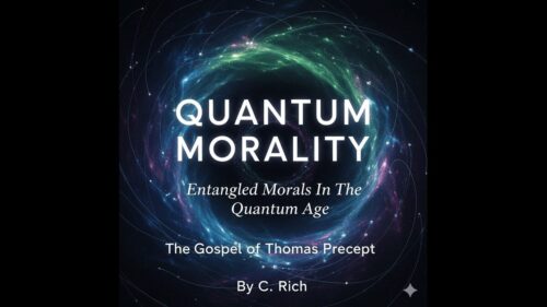 Book cover for "Quantum Morality" by C. Rich, featuring a swirling quantum vortex of blue and purple light.