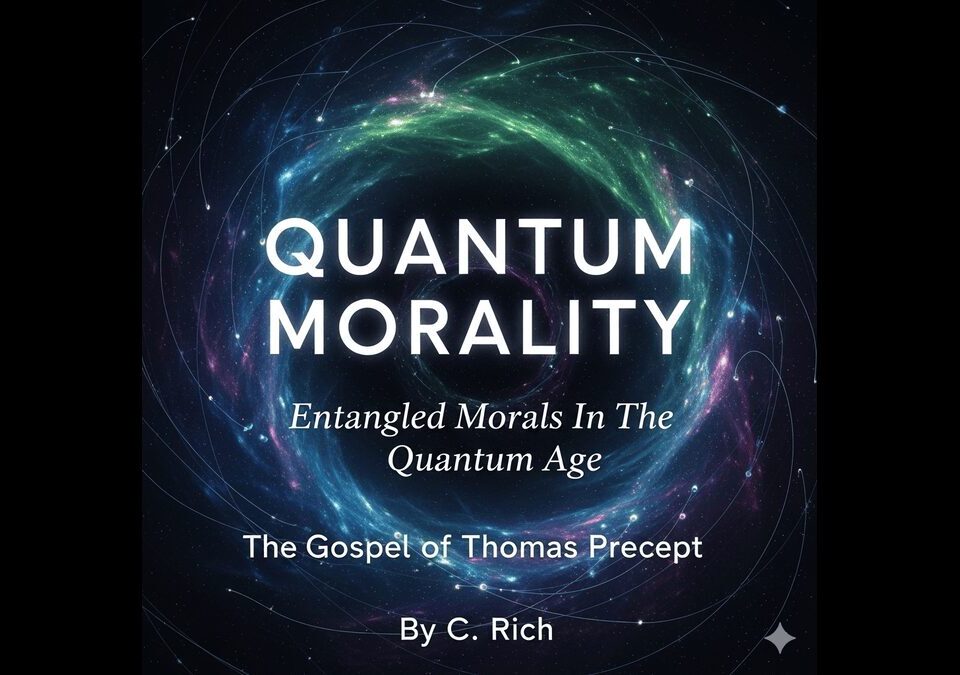 Book cover for "Quantum Morality" by C. Rich, featuring a swirling quantum vortex of blue and purple light.
