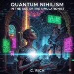 A stylized book cover for "Quantum Nihilism in the Age of The Simulationist." It features a glowing figure with circuits on their skin, gazing upwards. In the background, ancient church architecture blends with floating digital code blocks and neon circuit designs, symbolizing the fusion of ancient wisdom and modern technology.