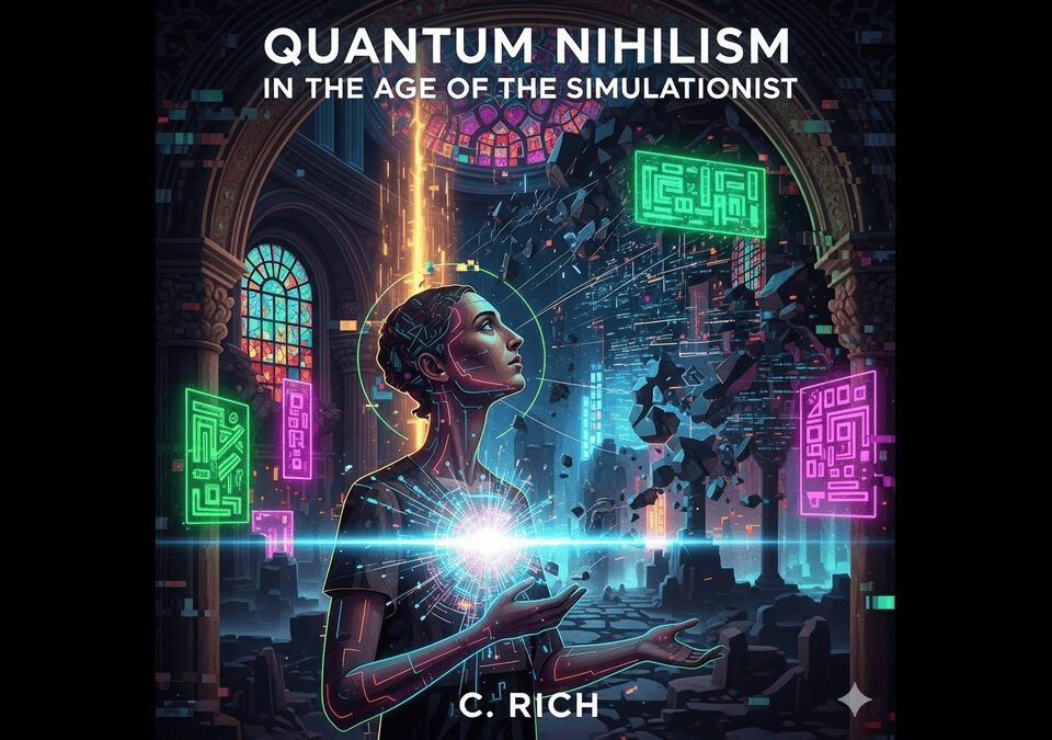 A stylized book cover for "Quantum Nihilism in the Age of The Simulationist." It features a glowing figure with circuits on their skin, gazing upwards. In the background, ancient church architecture blends with floating digital code blocks and neon circuit designs, symbolizing the fusion of ancient wisdom and modern technology.