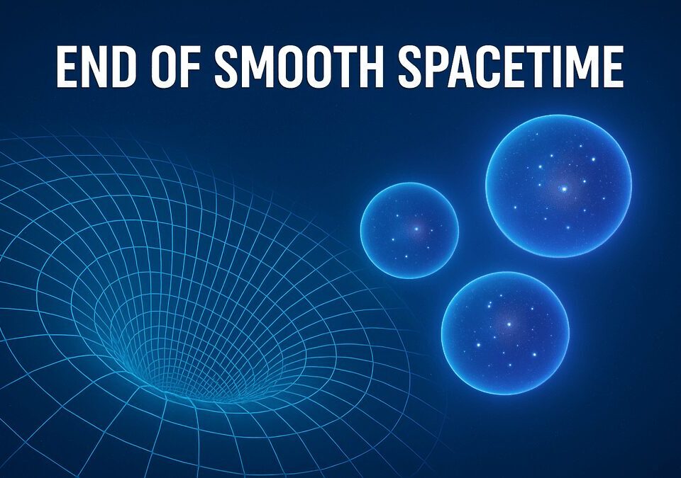 Digital illustration of warped spacetime grid and glowing bubble universes, symbolizing the multiverse beyond Einstein’s relativity.