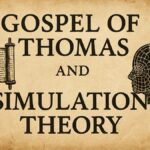 Ancient scroll and digital wireframe head symbolizing the Gospel of Thomas and Simulation Theory