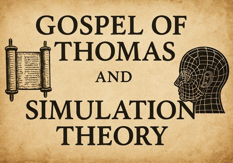 Ancient scroll and digital wireframe head symbolizing the Gospel of Thomas and Simulation Theory