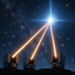 Three ground-based telescopes converging beams on a distant quasar in deep space