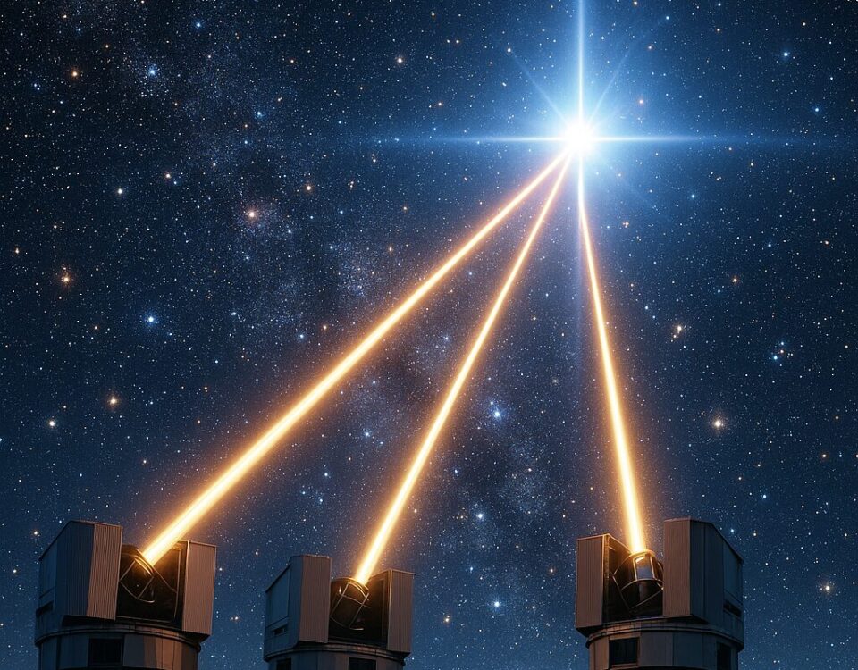 Three ground-based telescopes converging beams on a distant quasar in deep space