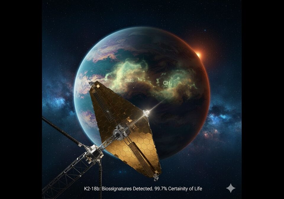 James Webb Space Telescope image showing the Hycean exoplanet K2-18b with atmospheric glow, suggesting Dimethyl Sulfide (DMS) biosignatures.