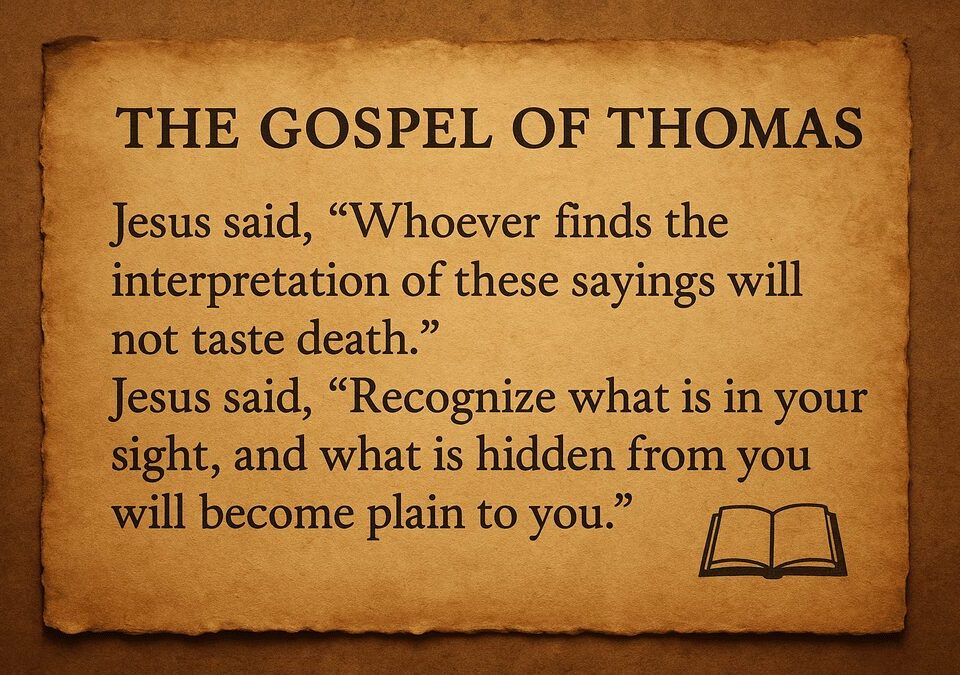 "Visual metaphor contrasting the suppression of the Gospel of Thomas with its modern rediscovery. The left side shows a man finding the Nag Hammadi jar in the desert near a large, oppressive church building (ECCLESIA). The right side shows a modern scholar studying the text ('EVANGELIUM THOMA') on a high-tech screen, symbolizing the use of AI and knowledge to unearth the hidden sayings of Jesus. A red X marks the rejection of old narratives. Keywords: Thomasine Christianity, Gnostic Gospels, Nag Hammadi Library."