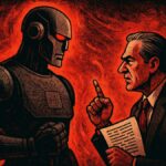 Propaganda-style poster warning about AI replacing human minds and the risks ignored by its creators