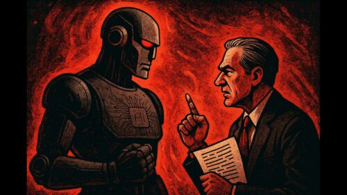 Propaganda-style poster warning about AI replacing human minds and the risks ignored by its creators