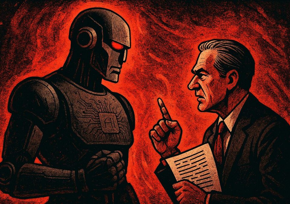 Propaganda-style poster warning about AI replacing human minds and the risks ignored by its creators
