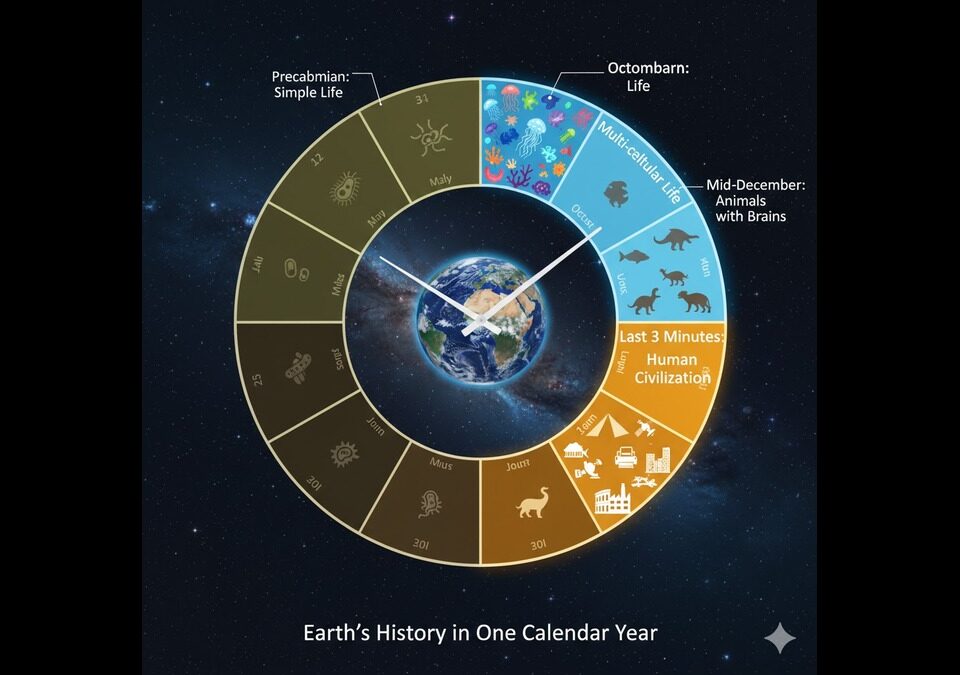 Visualizing Earth's 4.54 billion-year history compressed into a calendar year, showing when life forms appeared.