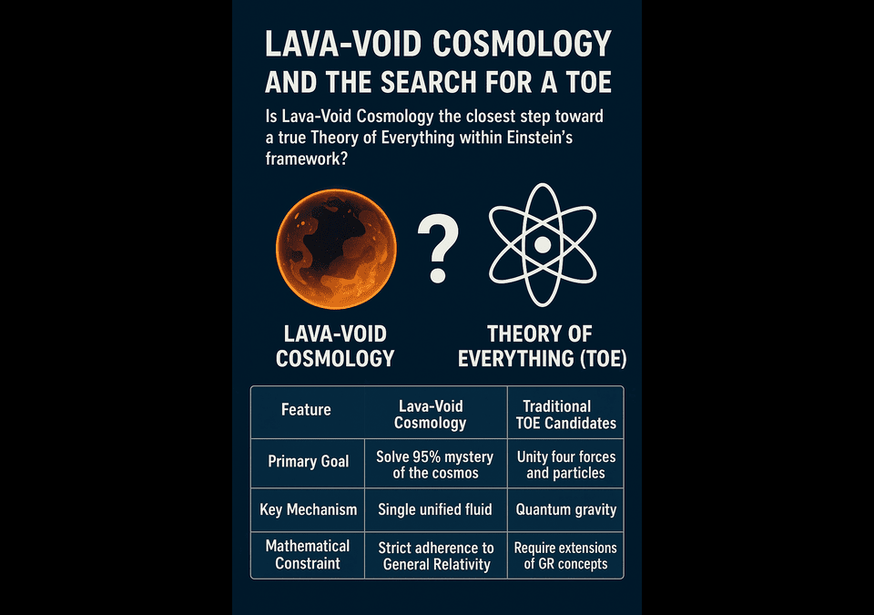 Infographic comparing Lava-Void Cosmology and traditional Theory of Everything candidates within Einstein’s framework.