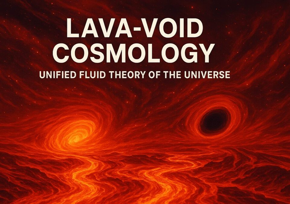 Illustration of Lava-Void Cosmology showing a fiery cosmic fluid with swirling black holes symbolizing a unified fluid universe.