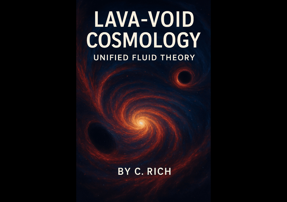 Book cover of Lava-Void Cosmology: Unified Fluid Theory by C. Rich featuring a glowing spiral galaxy, black holes, and cosmic fluid imagery.
