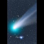 "Rendering of interstellar comet 3I/ATLAS with glowing coma and tail, jets erupting toward the Sun, against Sagittarius constellation"