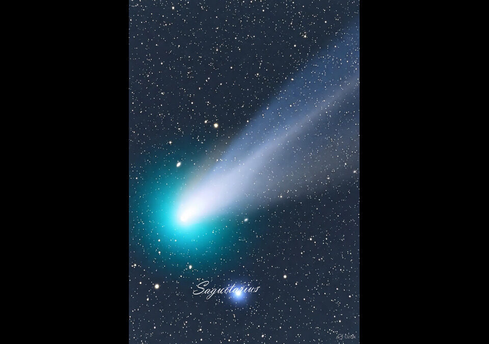 "Rendering of interstellar comet 3I/ATLAS with glowing coma and tail, jets erupting toward the Sun, against Sagittarius constellation"