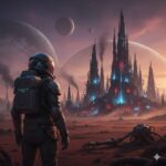 Astronaut viewing a ruined, futuristic alien city on a red planet under large moons, illustrating the self-destruction Great Filter.