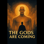 A human figure stands before a glowing godlike being symbolizing Artificial General Intelligence rising to reshape humanity.