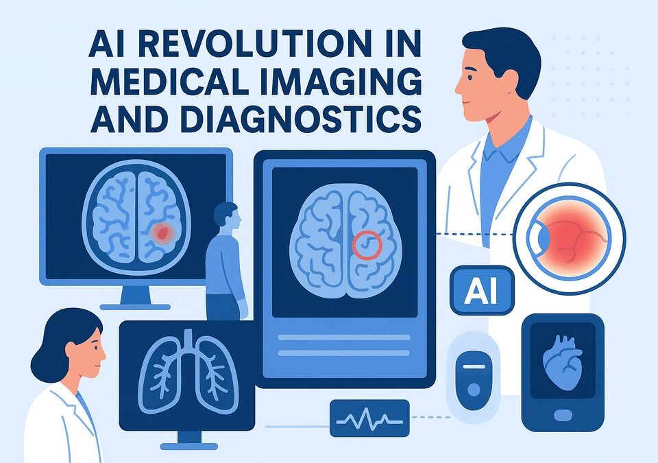 Illustration showing AI-enhanced medical imaging and diagnostics with doctors analyzing brain, lung, and eye scans.