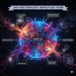 Conceptual illustration of Lava-Void Cosmology showing quantum foam at the Planck level emerging into unified fluid, forming dark matter filaments and dark energy, with galaxies in the background.