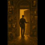 Silhouette of a person standing at a glowing doorway surrounded by art, music, and literature, symbolizing humanity’s legacy before AI.