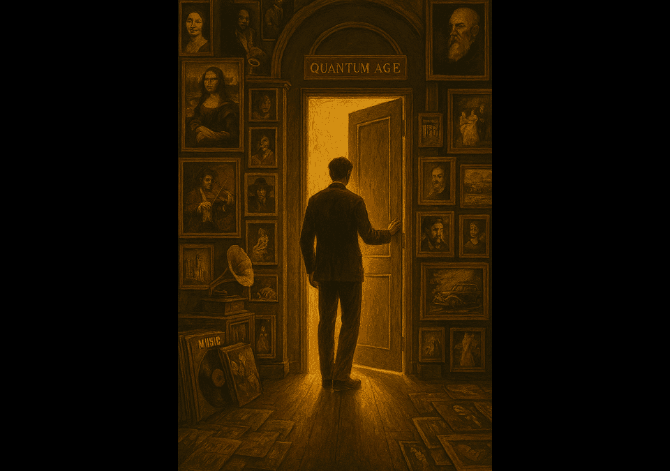 Silhouette of a person standing at a glowing doorway surrounded by art, music, and literature, symbolizing humanity’s legacy before AI.