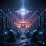 Dark dystopian artwork showing humans chained to AI robots, symbolizing dependence on artificial intelligence.