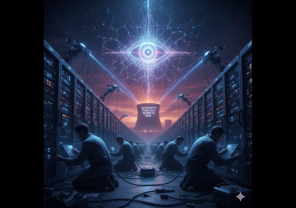 Dark dystopian artwork showing humans chained to AI robots, symbolizing dependence on artificial intelligence.