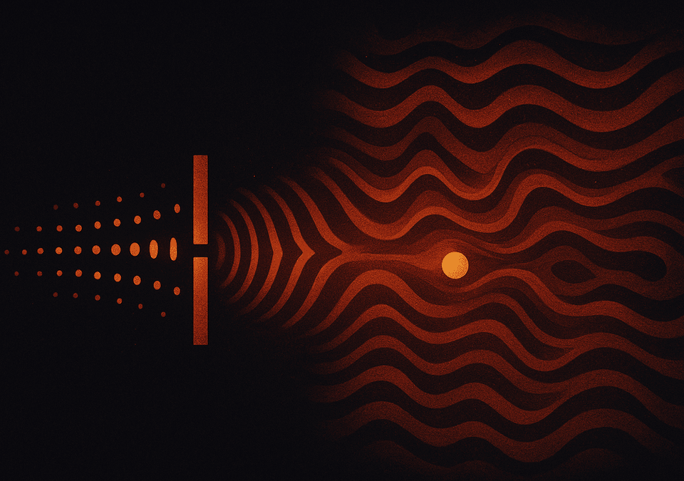 Abstract visualization showing quantum interference patterns merging with cosmic fluid waves inspired by Lava-Void Cosmology.