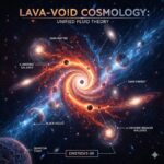 "Lava-Void Cosmology Unified Fluid Theory diagram showing a swirling cosmic fluid, galaxies, black holes, dark matter, dark energy, 6 Universe Breaker Galaxies, and quantum foam, all within Einstein's General Relativity."