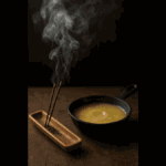 Incense smoke rising beside simmering beef tallow recreating ancient divine aroma.