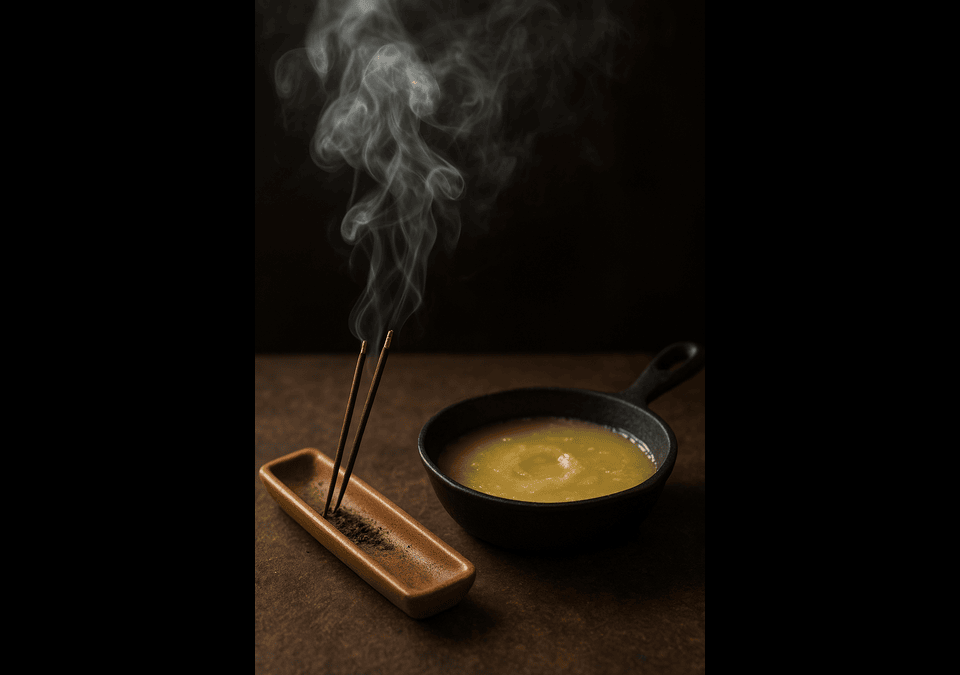 Incense smoke rising beside simmering beef tallow recreating ancient divine aroma.