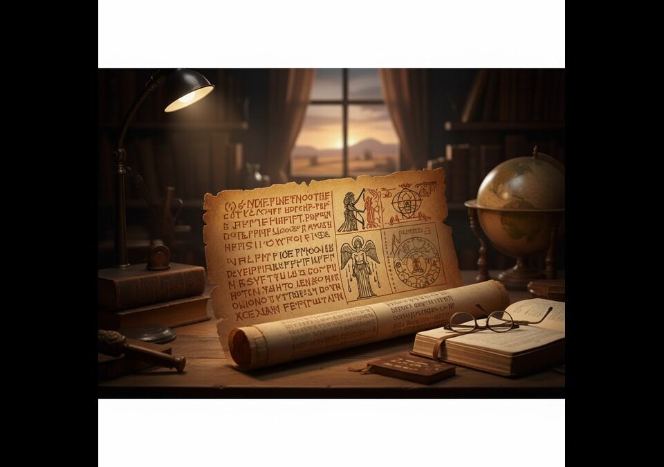 Ancient manuscript open on a desk with a magnifying glass, representing the Gospel of Thomas's pre-Gnostic sayings. Highlights the debate between early wisdom texts and later complex Gnostic cosmology.