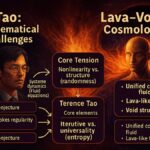 Illustration showing Terence Tao’s mathematical challenges linked to Lava-Void Cosmology, with cosmic fluid and void structures representing Navier-Stokes and Collatz analogies.
