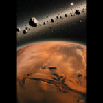 Conceptual illustration of Mars as the former moon of the exploded planet Maldek, showing asteroid belt debris, Valles Marineris canyons, Tharsis Bulge, and remnants of ancient giant civilizations amid solar system chaos.