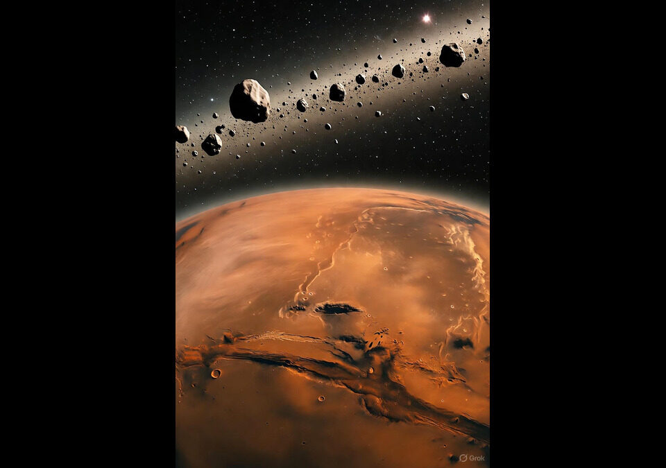 Conceptual illustration of Mars as the former moon of the exploded planet Maldek, showing asteroid belt debris, Valles Marineris canyons, Tharsis Bulge, and remnants of ancient giant civilizations amid solar system chaos.