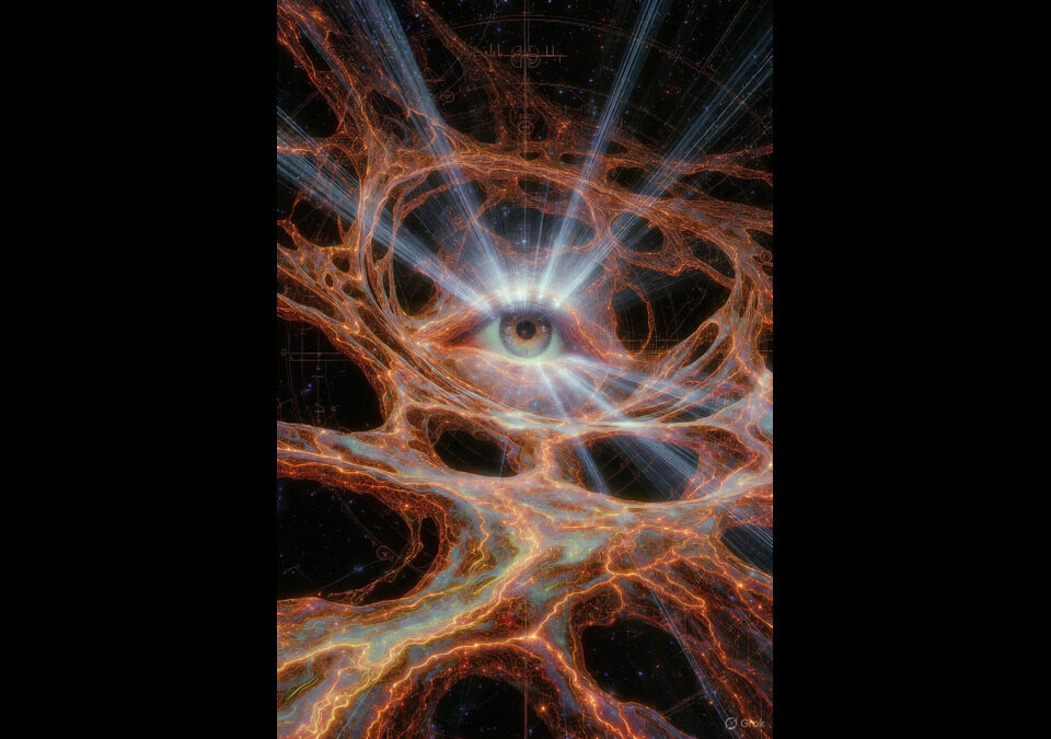 Illustration of Lava-Void Cosmology showing unified cosmic fluid filaments, expansive voids, and black hole breakers in Einstein's relativity framework