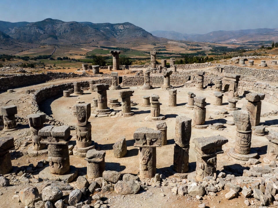 Aerial view of Göbekli Tepe’s T-shaped stone pillars in southeastern Turkey, symbolizing the world’s earliest known monumental temple complex.