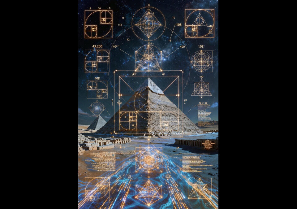 Visualization of Great Pyramid simulation theory, featuring sacred geometry overlays, numerical codes like 43,200 and 108, and cosmic simulation elements in Giza mysteries.