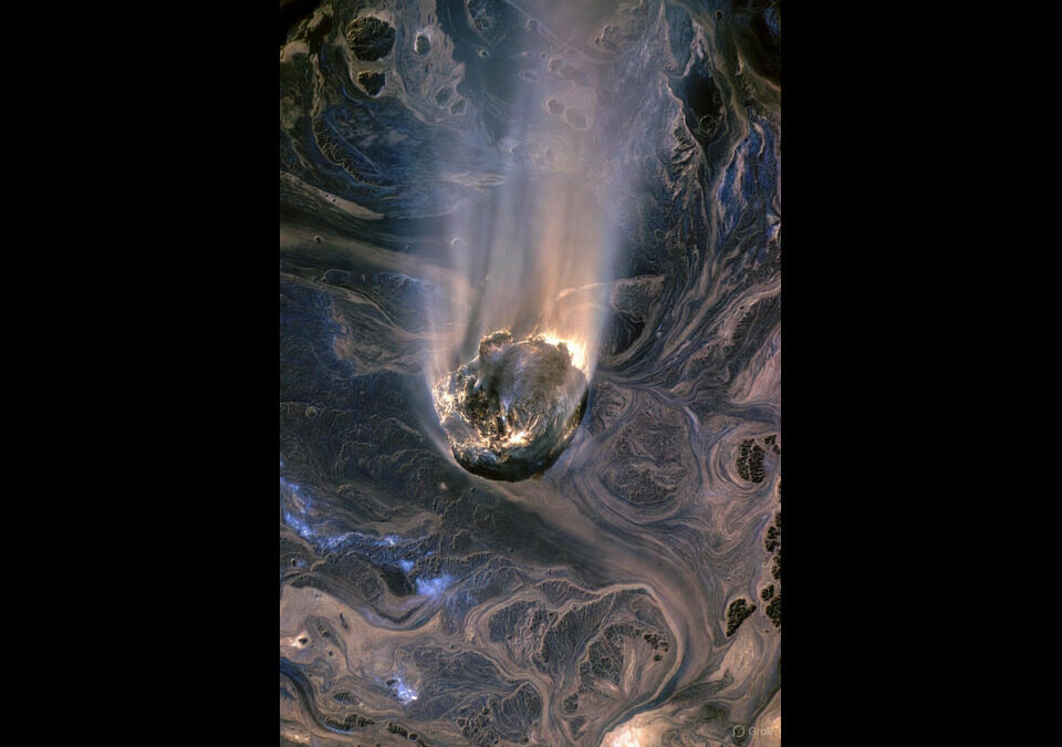 Conceptual illustration of 3I/ATLAS interstellar comet navigating a swirling cosmic fluid in Lava-Void Cosmology, featuring void-entrained particulates, dense nucleus with faint coma, and expansive voids amid Universe-Breaker structures.