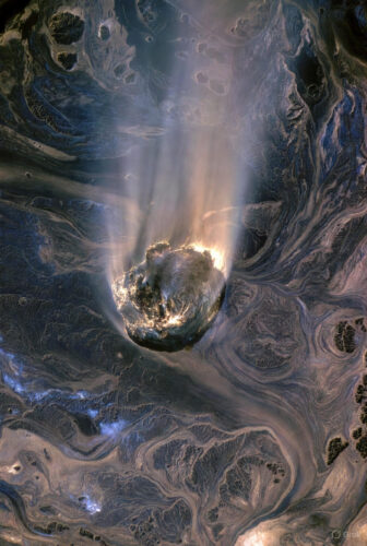 Conceptual illustration of 3I/ATLAS interstellar comet navigating a swirling cosmic fluid in Lava-Void Cosmology, featuring void-entrained particulates, dense nucleus with faint coma, and expansive voids amid Universe-Breaker structures.