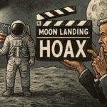 Dreamlike collage showing shadowy figures, static-filled screens, floating question marks, and space imagery symbolizing conspiracy culture and cosmic wonder.